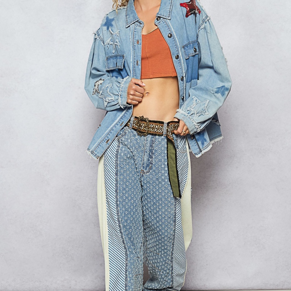 New Pol Denim Shacket Top Button Shirt Women Stars Boho Anthropologie Blue - Picture 10 of 11
